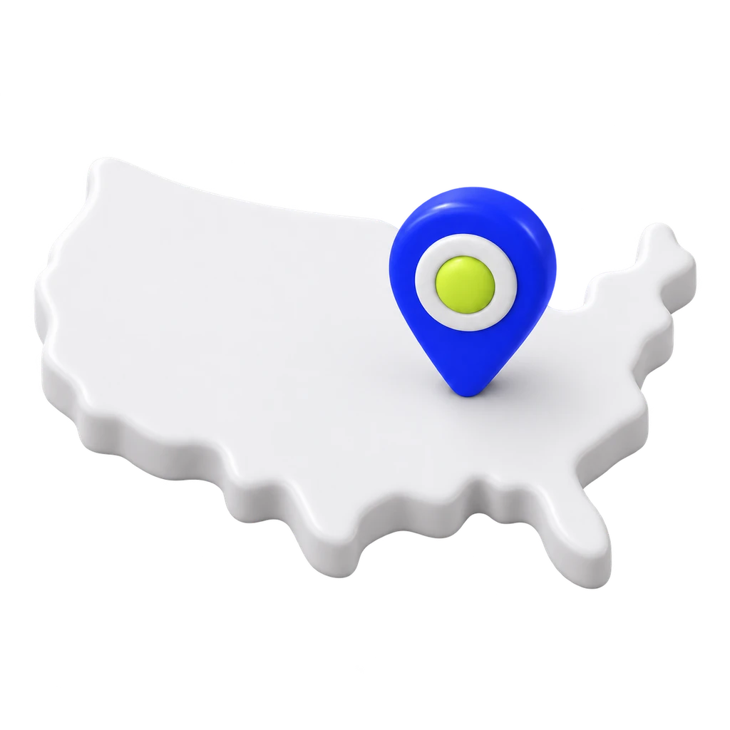 A simplified map of the United States with one location pin on it.